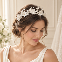 Load image into Gallery viewer, Porcelain Flower Bridal Tiara – White Floral Wedding Headband
