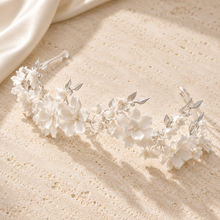 Load image into Gallery viewer, Porcelain Flower Bridal Tiara – White Floral Wedding Headband
