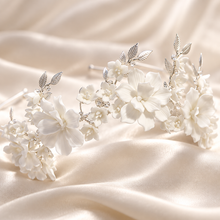 Load image into Gallery viewer, Porcelain Flower Bridal Tiara – White Floral Wedding Headband
