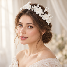 Load image into Gallery viewer, Porcelain Flower Bridal Tiara – White Floral Wedding Headband
