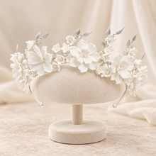 Load image into Gallery viewer, Porcelain Flower Bridal Tiara – White Floral Wedding Headband
