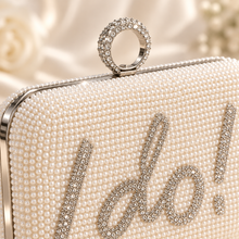 Load image into Gallery viewer, Pearl I Do Bridal Clutch Bag – White Wedding Handbag with Crystal Detail
