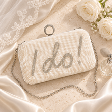 Load image into Gallery viewer, Pearl I Do Bridal Clutch Bag – White Wedding Handbag with Crystal Detail
