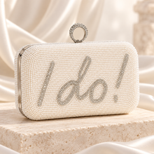 Load image into Gallery viewer, Pearl I Do Bridal Clutch Bag – White Wedding Handbag with Crystal Detail
