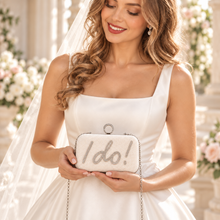 Load image into Gallery viewer, Pearl I Do Bridal Clutch Bag – White Wedding Handbag with Crystal Detail
