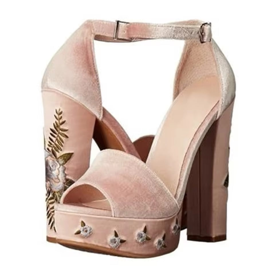 Velvet Embroidered Block Heel Sandals