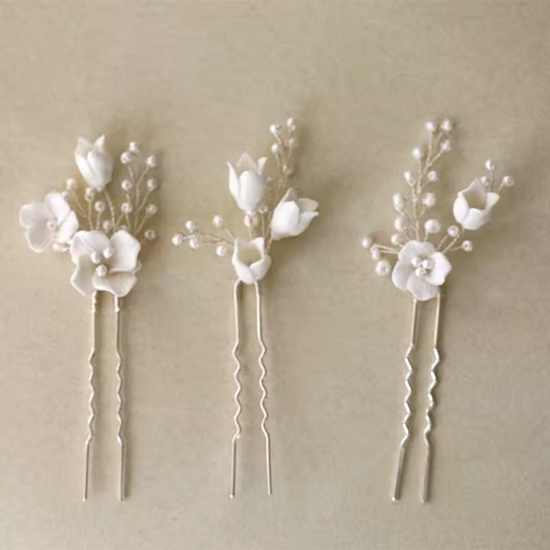 Ceramic Flower Hairpins | Silver Set of 3