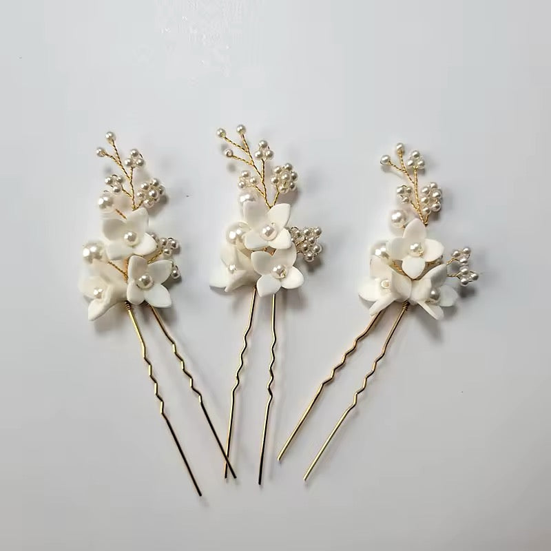 Ceramic Flower Hairpins | Gold Set of 3