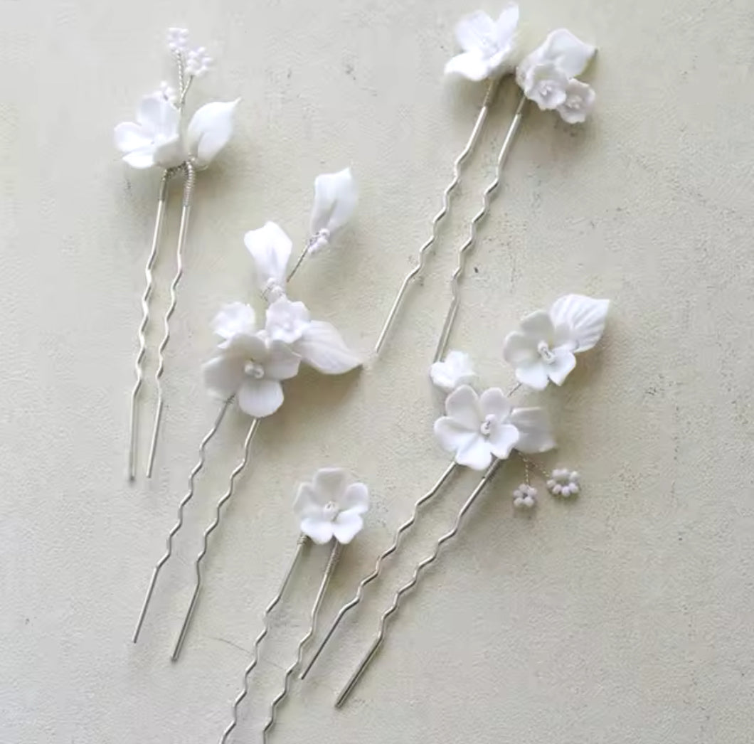 Ceramic Flower Hairpins | Silver Set of 5