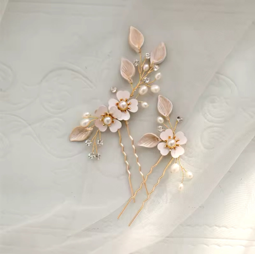 Ceramic Flower Hairpins | Gold Set of 2