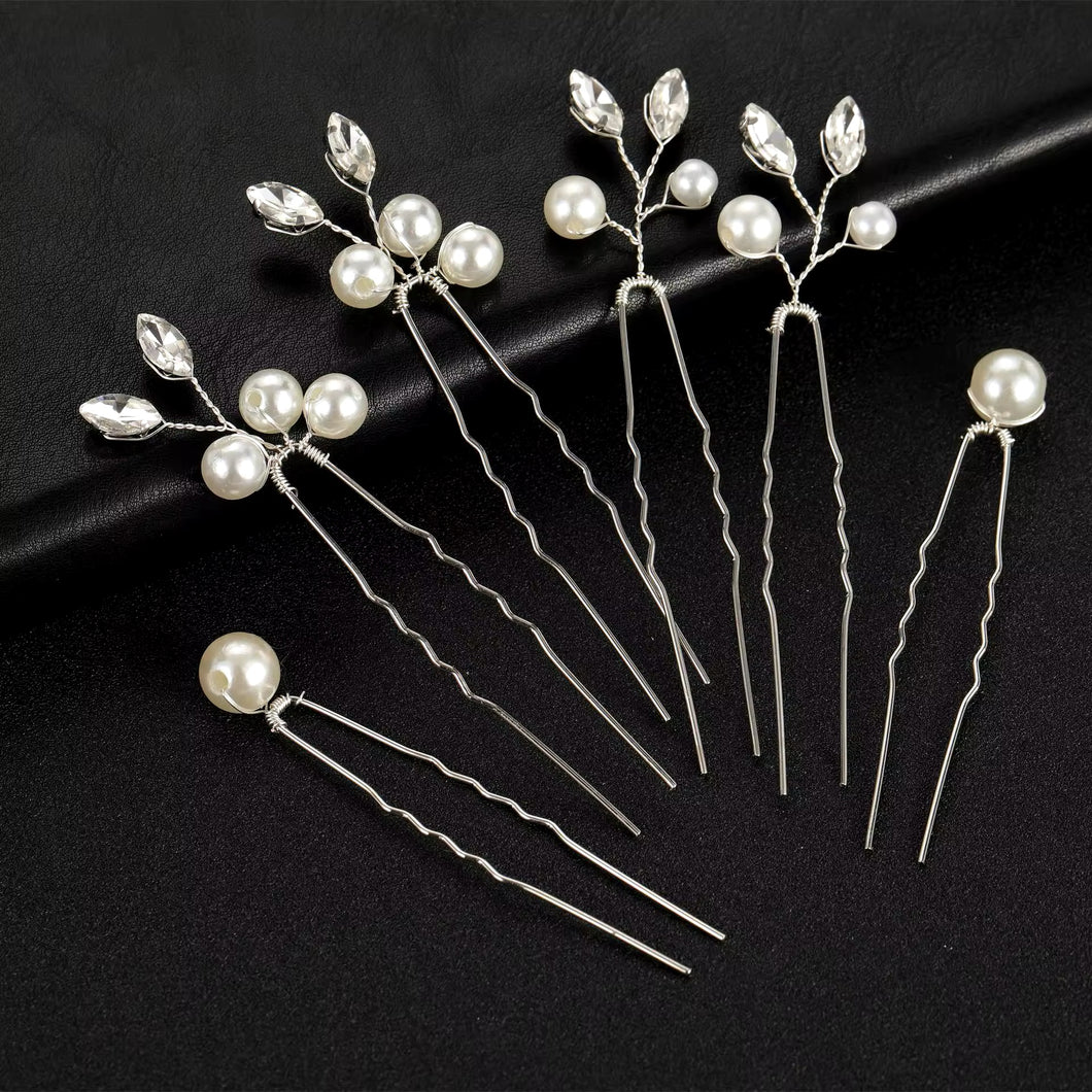 Pearl and Crystal Hairpins | Silver Set of 6