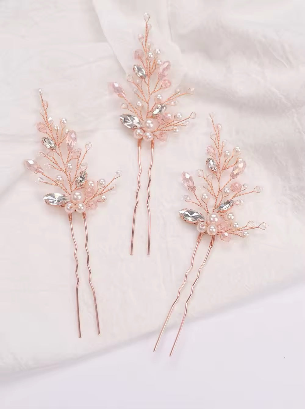 Pearl and Crystal Hairpins | Rose Gold Set of 3