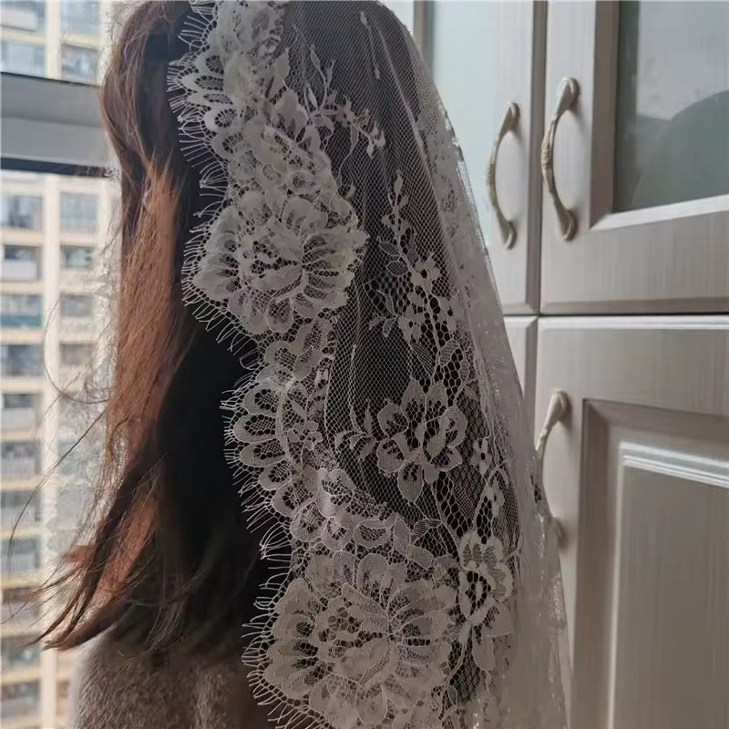 Off White Mantilla Cathedral Veil – Full Lace Long Length Bridal Veil