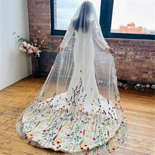 Load image into Gallery viewer, Secret Garden Orange Embroidered Edge Wedding Veil – Floral Tulle Veil, Long Length
