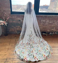 Load image into Gallery viewer, Secret Garden Orange Embroidered Edge Wedding Veil – Floral Tulle Veil, Long Length
