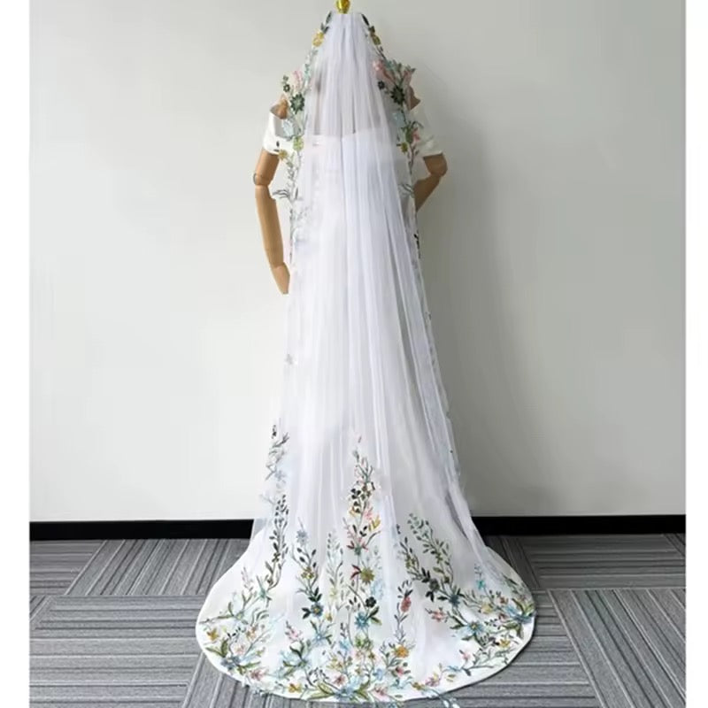 Bridal Veil with Embroidered Flowers and attached comb