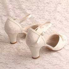 Load image into Gallery viewer, Ivory Bridal Block Heel Sandals – Handmade Satin Lace Ankle Strap Wedding Low Heels - UK4 / US6.5
