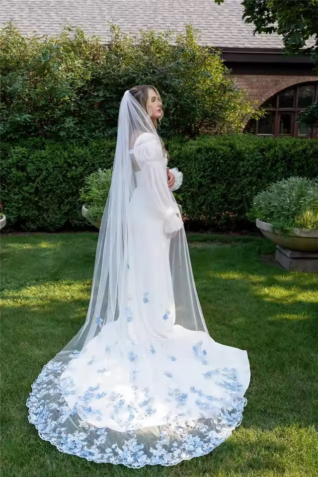 Beautiful cathedral wedding veil 3D Blue embroidered flowers