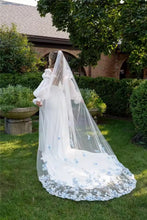 Load image into Gallery viewer, Beautiful cathedral wedding veil 3D Blue embroidered flowers
