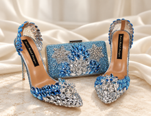 Load image into Gallery viewer, Ice Princess Blue Crystal Bridal Shoes &amp; Matching Snowflake Clutch

