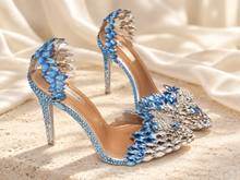 Load image into Gallery viewer, Ice Princess Blue Crystal Bridal Shoes &amp; Matching Snowflake Clutch
