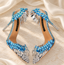 Load image into Gallery viewer, Ice Princess Blue Crystal Bridal Shoes &amp; Matching Snowflake Clutch
