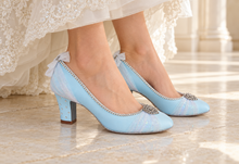 Load image into Gallery viewer, Cinderella Inspired Bridal Shoes | Something Blue Satin Block Heels
