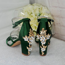 Load image into Gallery viewer, Cherry Blossom Satin Bridal Sandals – 8 cm Block Heel Wedding Shoes
