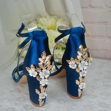 Load image into Gallery viewer, Cherry Blossom Satin Bridal Sandals – 8 cm Block Heel Wedding Shoes
