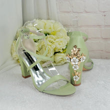 Load image into Gallery viewer, Cherry Blossom Satin Bridal Sandals – 8 cm Block Heel Wedding Shoes
