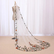Load image into Gallery viewer, Autumnal embroidered Veil - Cathedral Length Floral Lace Edge Bridal Veil
