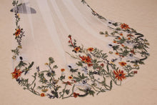 Load image into Gallery viewer, Autumnal embroidered Veil - Cathedral Length Floral Lace Edge Bridal Veil
