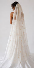 Load image into Gallery viewer, Beautiful Embroidered Wedding Veil - Blue, Cream, Black, Navy Gold Celestial Moon and Star Embroidery, Up to Cathedral Length Cape

