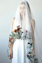 Load image into Gallery viewer, 2-Tier Autumnal embroidered Veil - Cathedral Length Floral Lace Edge Bridal Veil with Blusher
