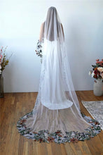 Load image into Gallery viewer, 2-Tier Autumnal embroidered Veil - Cathedral Length Floral Lace Edge Bridal Veil with Blusher
