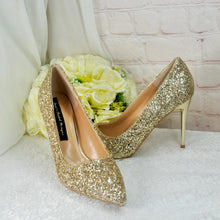 Load image into Gallery viewer, Gold Glitter Wedding Shoes – Pointed Toe Princess Bridal Heels
