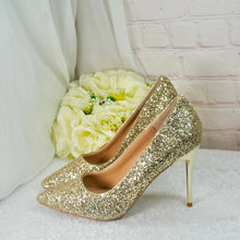 Load image into Gallery viewer, Gold Glitter Wedding Shoes – Pointed Toe Princess Bridal Heels
