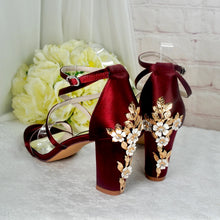 Load image into Gallery viewer, Blue Satin Cherry Blossom Block Heels
