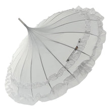 Load image into Gallery viewer, White Frilled Pagoda Umbrella with White Handle – Bridal &amp; Wedding Umbrella
