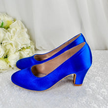Load image into Gallery viewer, Royal Blue Block Heel Satin Shoes - UK5 - Ready to Dispatch
