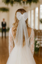 Load image into Gallery viewer, Pearl Tulle Hair Bow with Long Tails – Bridal Bow in White, Ivory, Black or Rainbow Pearls
