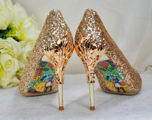Load image into Gallery viewer, Belle-Inspired Glitter Bridal Shoes | Metal Leaf Wedding Heels
