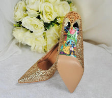 Load image into Gallery viewer, Belle-Inspired Glitter Bridal Shoes | Metal Leaf Wedding Heels
