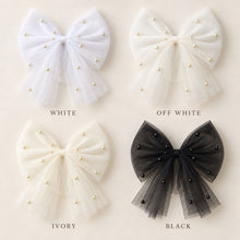 Load image into Gallery viewer, Pearl Tulle Hair Bow with Long Tails – Bridal Bow in White, Ivory, Black or Rainbow Pearls
