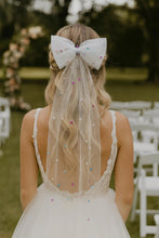 Load image into Gallery viewer, Pearl Tulle Hair Bow with Long Tails – Bridal Bow in White, Ivory, Black or Rainbow Pearls

