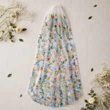 Load image into Gallery viewer, White Bridal Veil with Embroidered Flowers and attached comb
