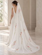 Load image into Gallery viewer, Pink Floral Embroidered Chiffon Wedding Veil with Gold Detail &amp; Silver Comb
