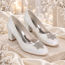 Load image into Gallery viewer, Winter Wedding Shoes – Iridescent Glitter Block Heels with Crystal Snowflakes
