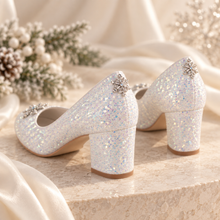 Load image into Gallery viewer, Winter Wedding Shoes – Iridescent Glitter Block Heels with Crystal Snowflakes
