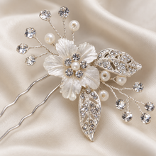 Load image into Gallery viewer, Ivory Flower Bridal Hair Pin – Pearl &amp; Crystal Silver Hairpiece
